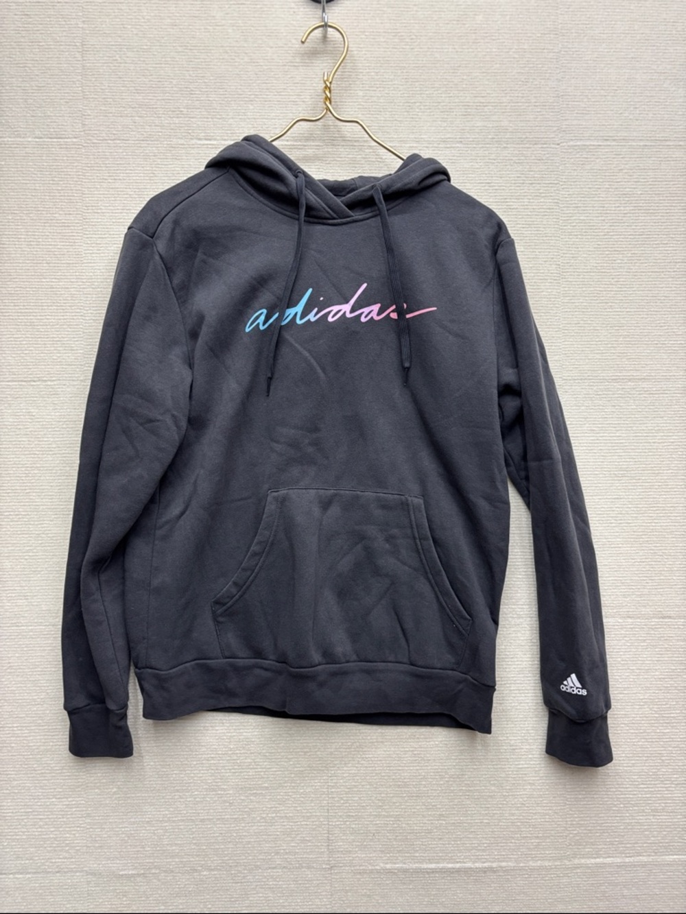 adidas charcoal Crewneck Hoodie with Blue-to-Pink Script medium